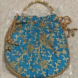 Embroidered Teal Drawstring Potli Bag with Gold Bead Handle